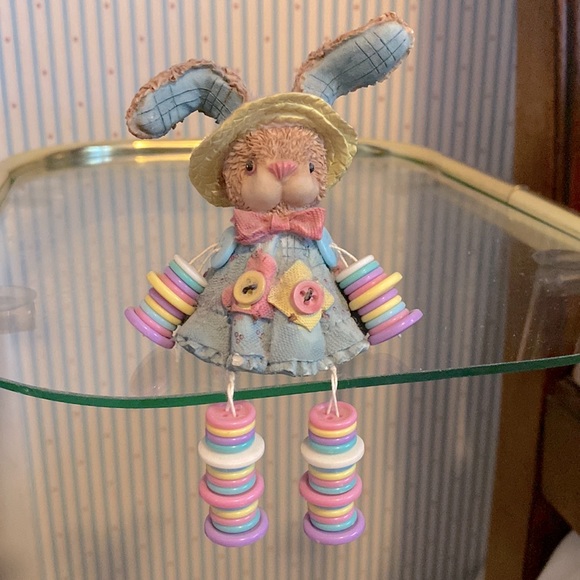 Miniature Bunny Rabbit Figurine with Button Arms and Dangly Legs Statue Decor